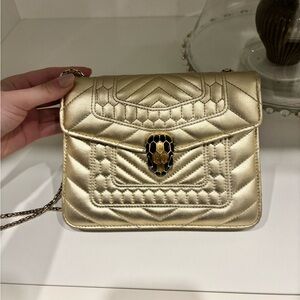 BVLGARI Metallic Calfskin Quilted Serpenti Forever Shoulder Bag in Gold